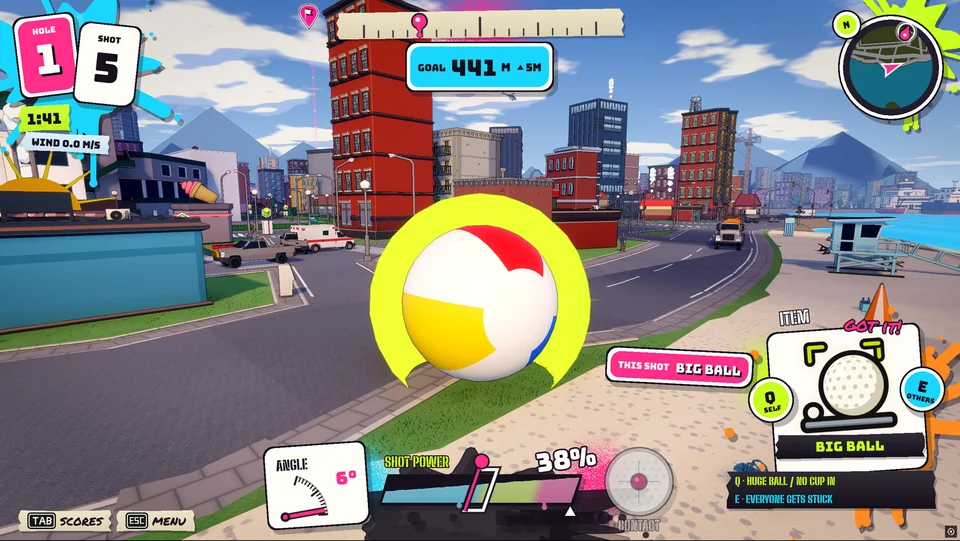 A Big Ball rolling down a seaside street