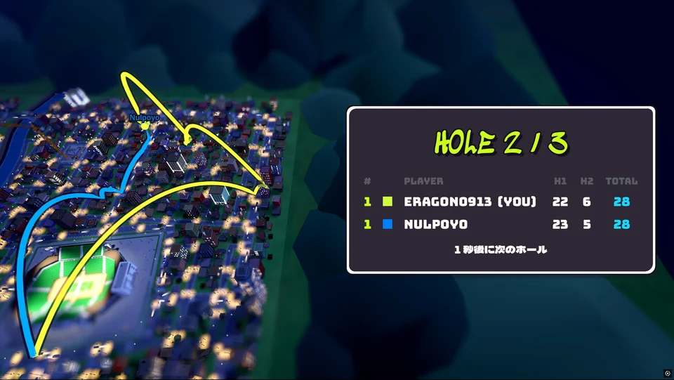 Between holes: both players' shot paths replayed over the night city